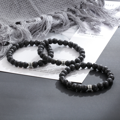 1 Name Black Lava Beads Bracelet Men's Bracelet with Lion Card Custom Gift for Dad