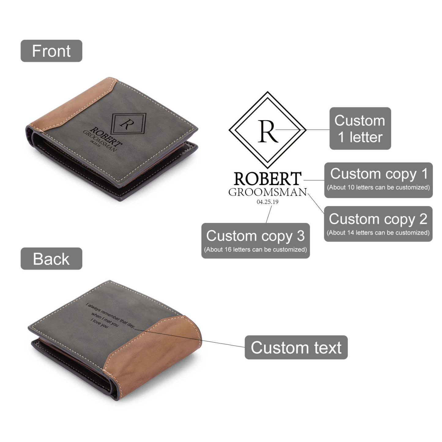 Personalized Leather Wallet Engraved Letter Short Purse Custom Folding Wallet Gifts For Men