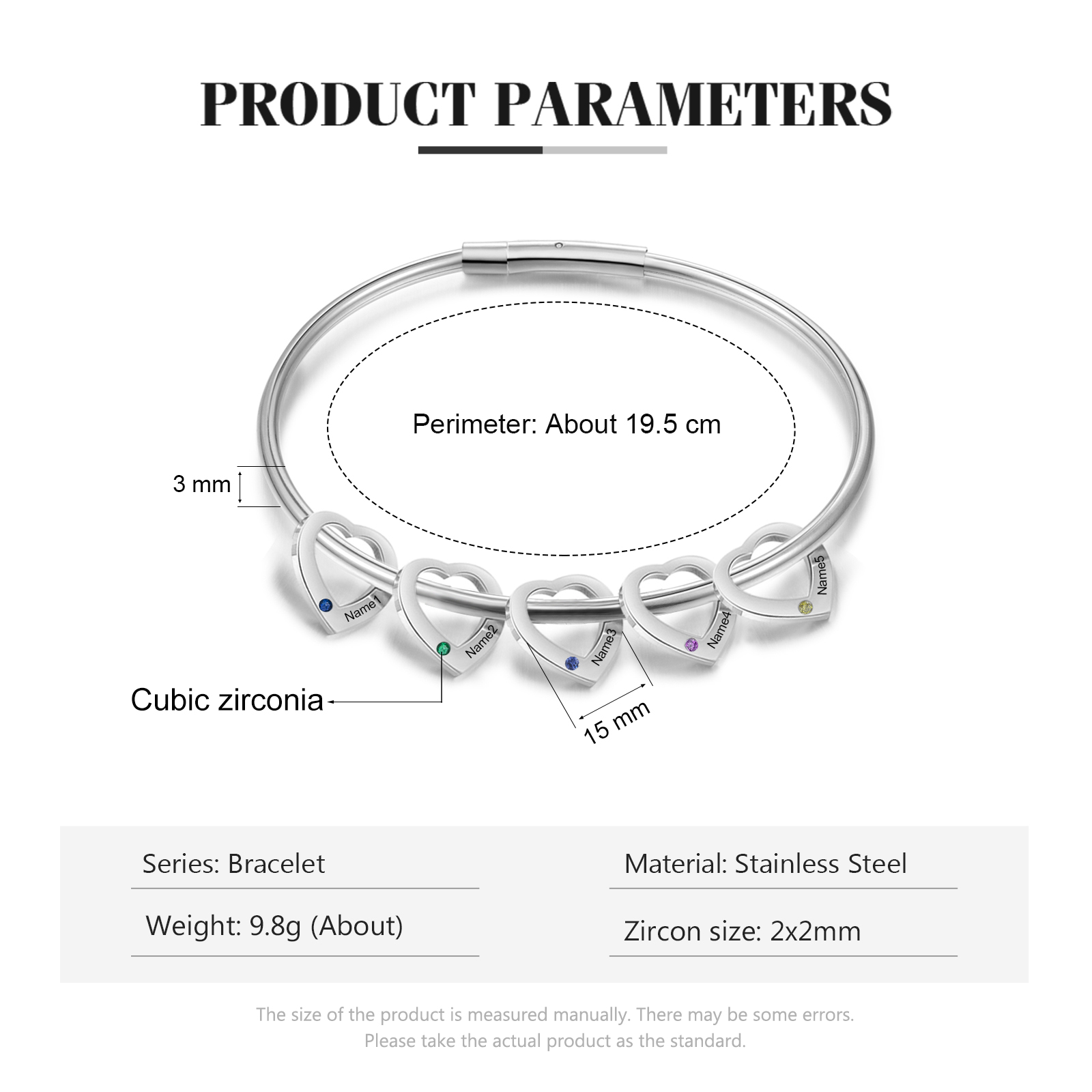 5 Names-Personalized Heart Bracelet With 5 Birthstones Bangle Engraved Names Bracelet Gift For Women