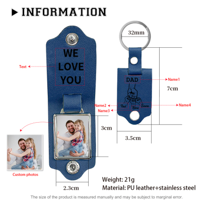 4 Names - Personalized Fist Bump Custom Text, Name and Photo Leather Mens Keychain for Dad