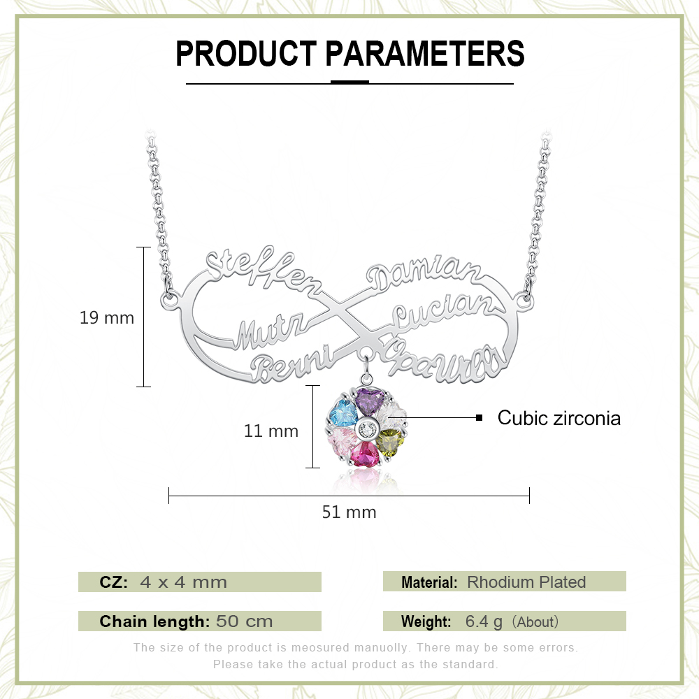 Personalized Infinity Necklace With 6 Birthstones Engraved Names Necklace Gift For Women