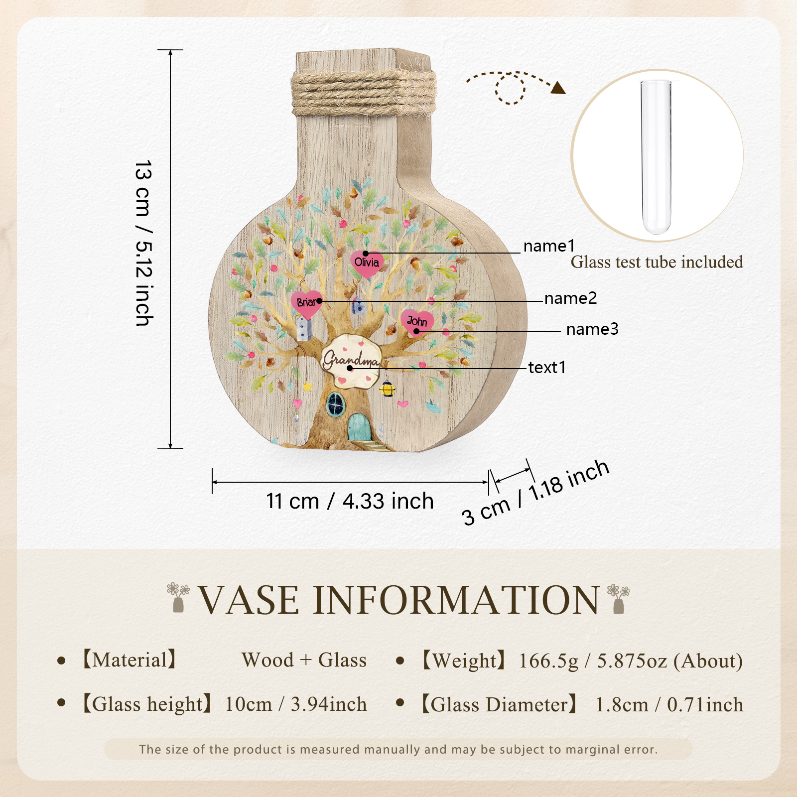 3 Names - Personalized Custom Text and Name Family Tree Wooden Decorative Vase as a Gift for Nan
