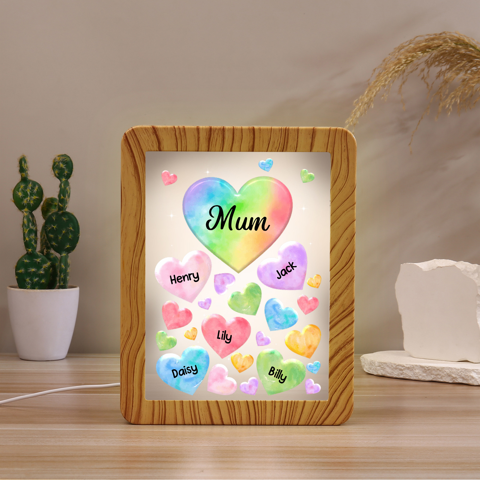 5 Names - Personalized Mom Home Wood Color Plug-in Mirror Photo Frame Custom Text LED Night Light Gift for Mom