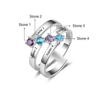 S925 Silver Ring Personalized 4 Birthstones Mothers Ring With Names Gifts For Her