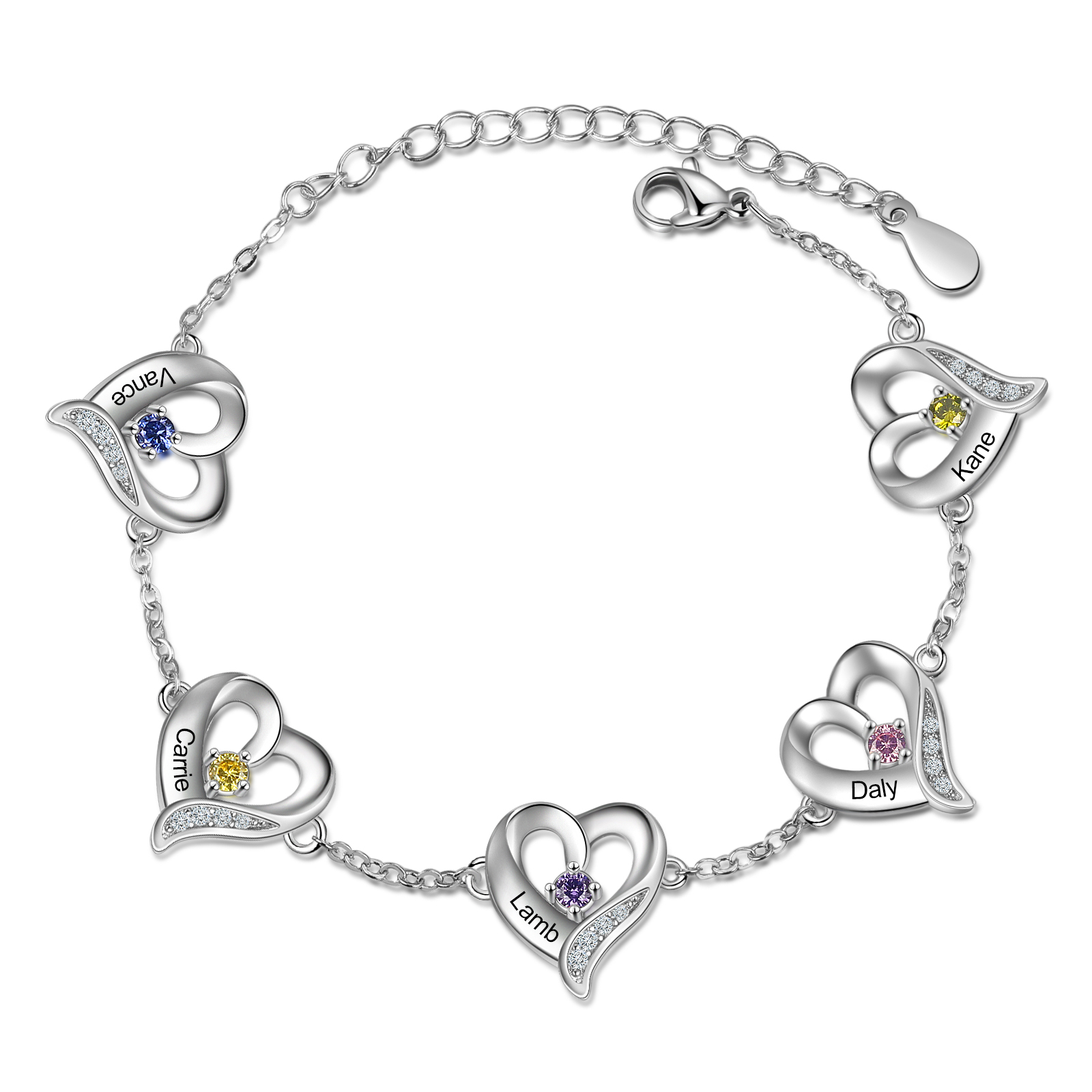 5 Names-Personalized Heart Bracelet With 5 Birthstones Bangle Engraved Names Bangle For Her