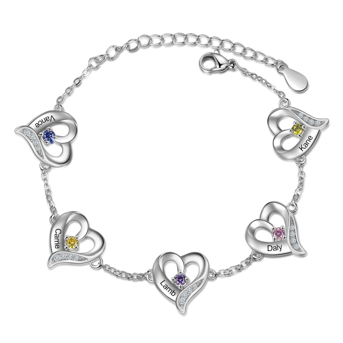 5 Names-Personalized Heart Bracelet With 5 Birthstones Bangle Engraved Names Bangle For Her