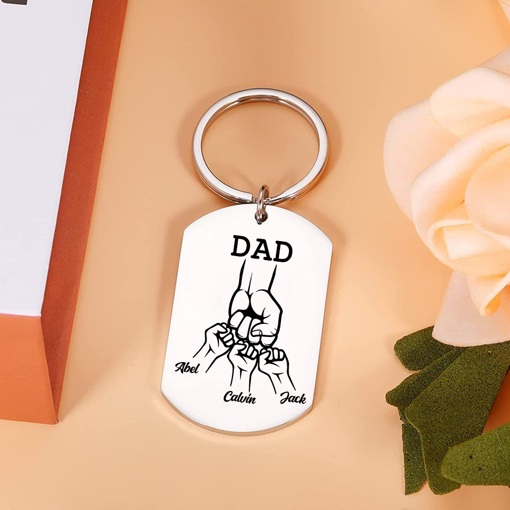 3 Names - Personalized Fist Pendant Keychain Gift Set - Customized Photo Special Gift for Dad