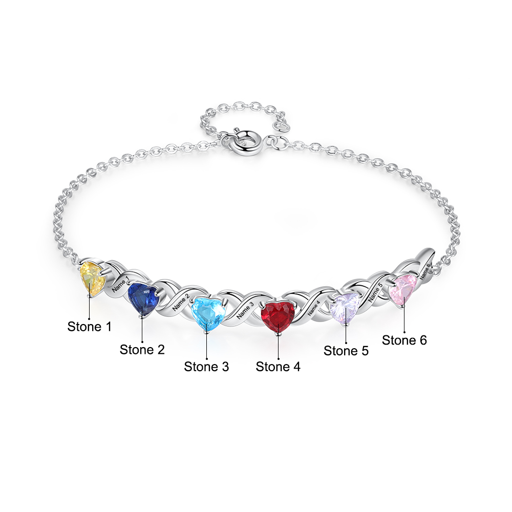 Personalized Heart Bracelet Customized With 6 Names and 6 Birthstones Family Bracelet Gift for Grandma | Jessmade