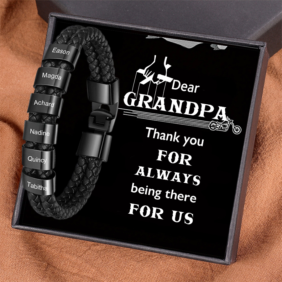 6 Names-Personalized Grandpa Braided Leather Bracelet Card Set, Custom
