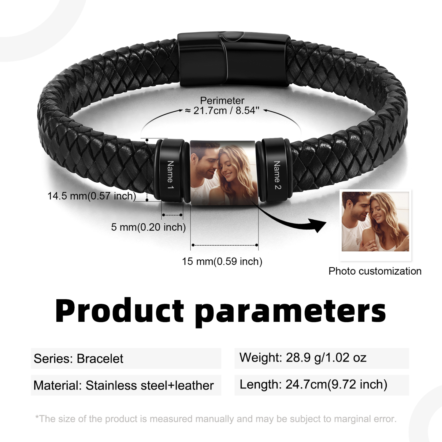 2 Names Personalized Customized Photo Stainless Steel Leather Bracelet Engraved Name Men's Bracelet Gift for Dad