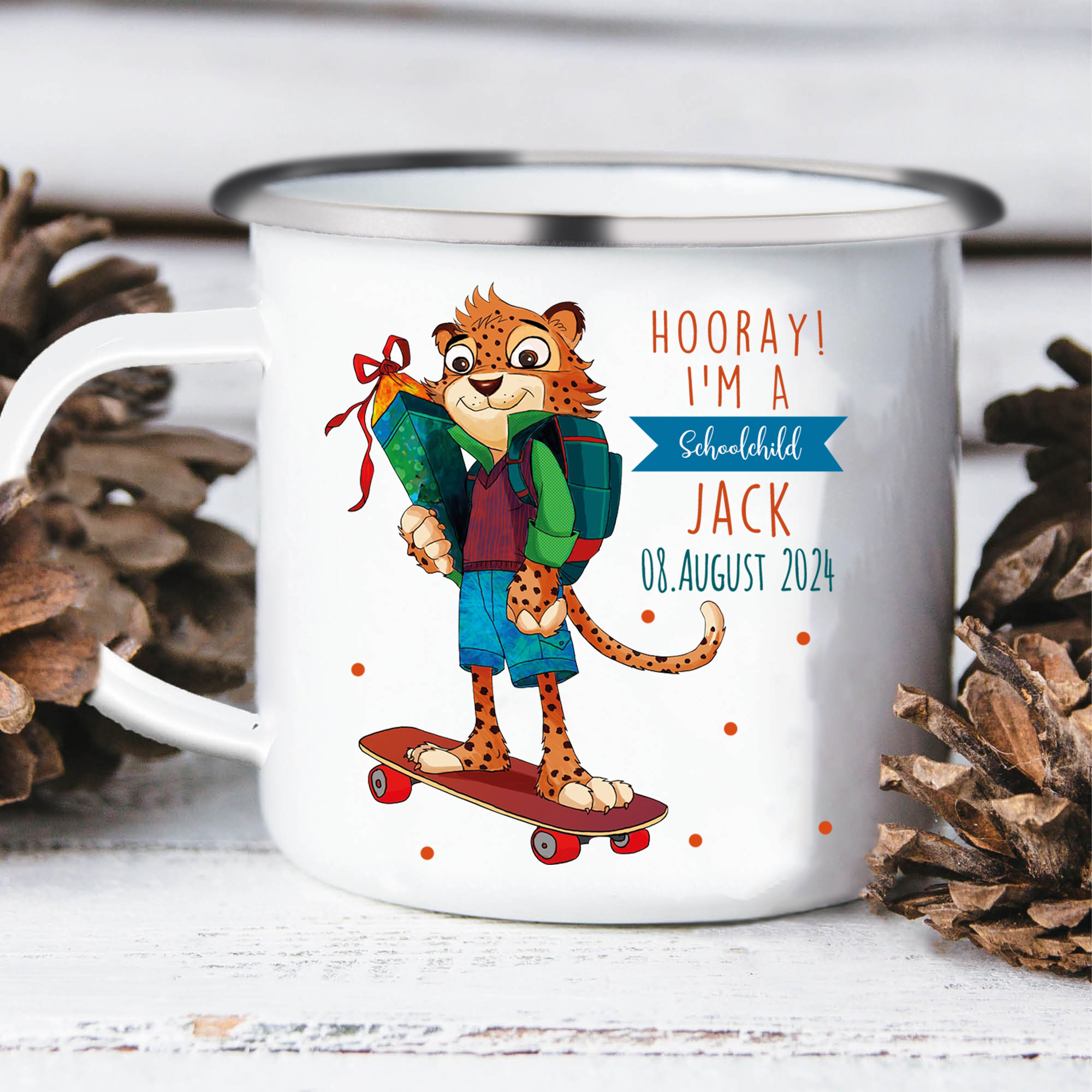 Personalized Name And Date Enamel Mug Leopard Pattern Back To School Gift For Kid