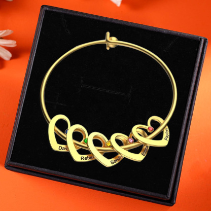 2 Names-Personalized Heart Bangle With 2 Names and Birthstones Bangle Bracelet Gifts For women