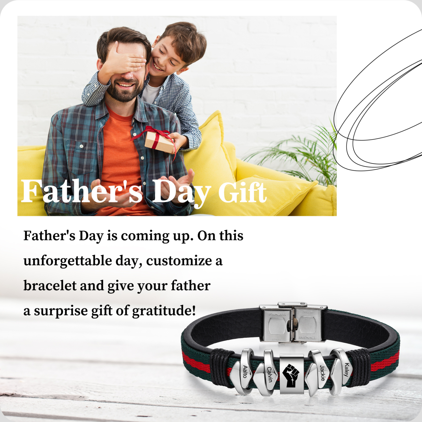 Personalized Leather Bracelet Custom 4 Names Mens Bracelet Silver and Gold