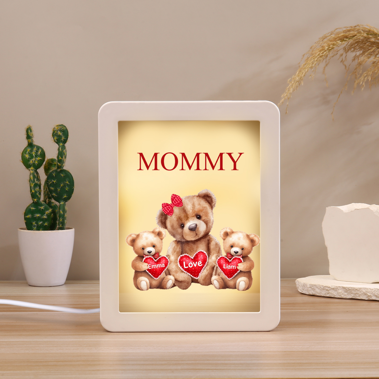 2 Names - Personalized Mum Home Bear Style Custom Text LED Night Light Gift for Mom