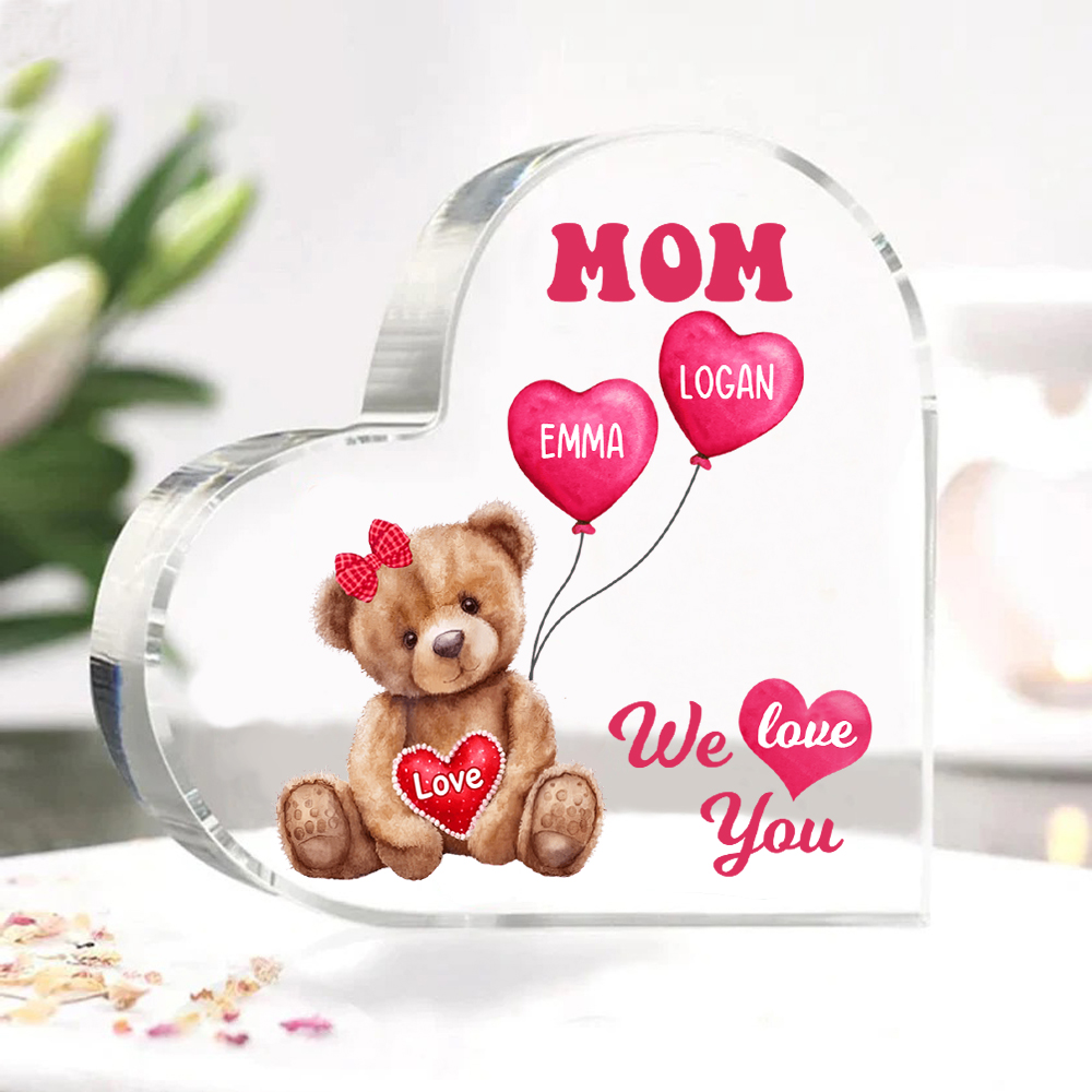 2 Names-Personalized Bear Acrylic Heart Keepsake Custom Text Acrylic Plaque Ornaments Gifts for Mom
