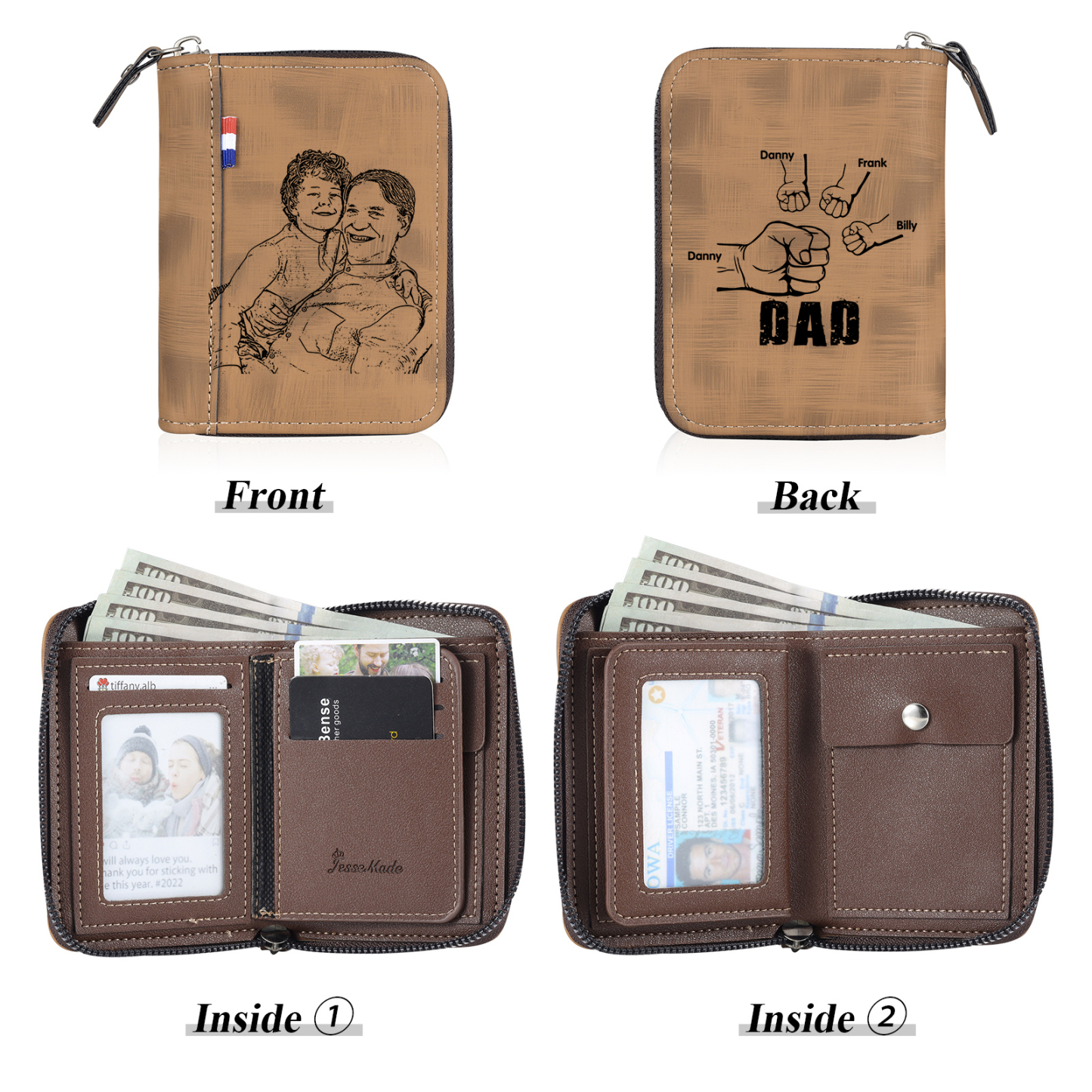 4 Names - Personalized Photo Text Custom Leather Men's Wallet Custom Name Zipper Wallet for Dad