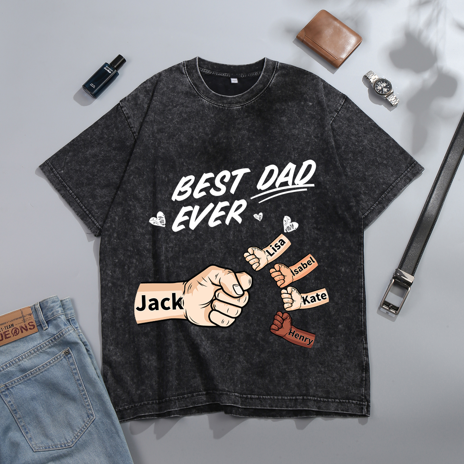 Best Dad Ever - Personalised 2–7 Names Family T-Shirt Custom Fist Bump Short Sleeve Father's Day Gifts For Dad
