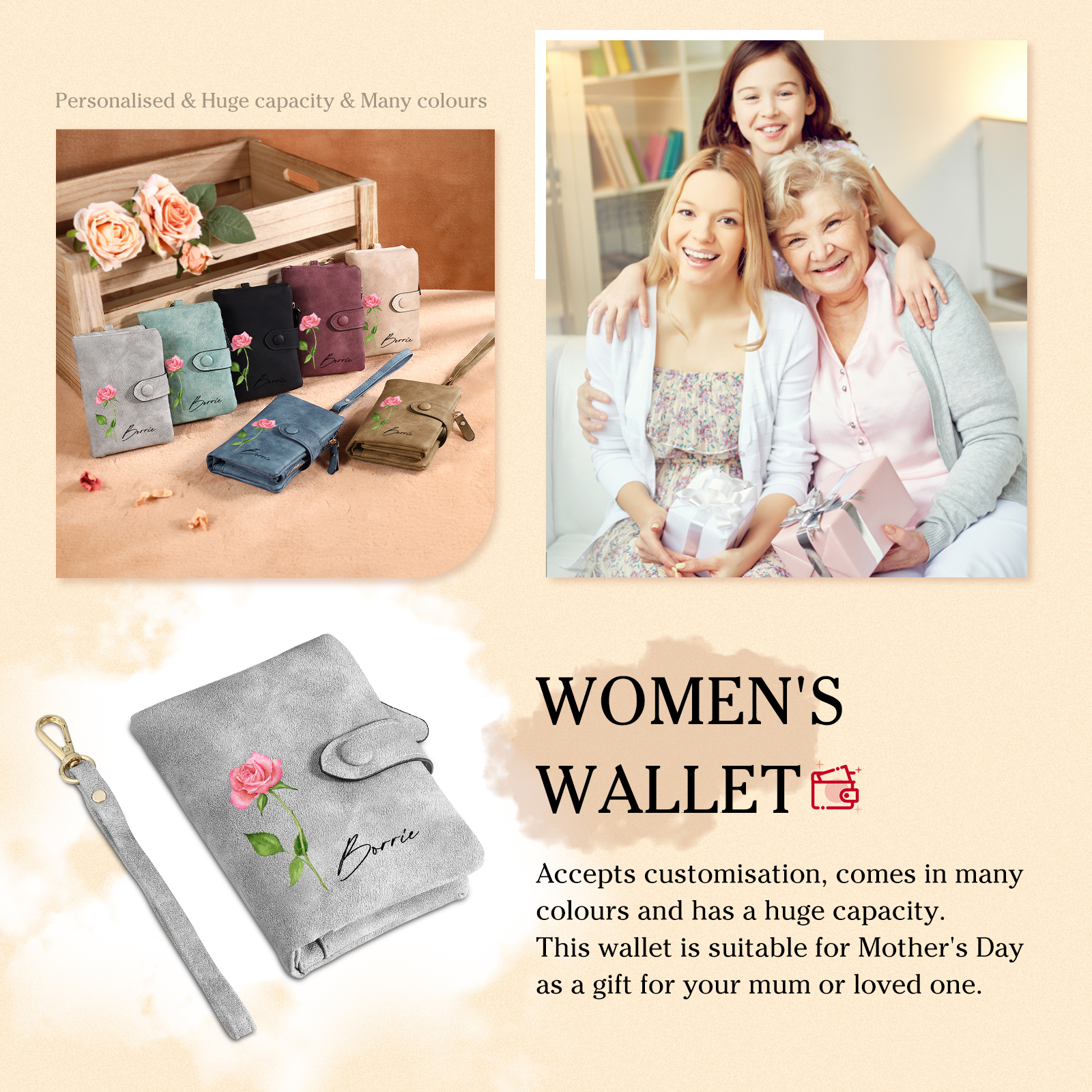 Gray Color Personalized Birthday Flower Leather Wallet Engraving Name Wallet Gifts for Women