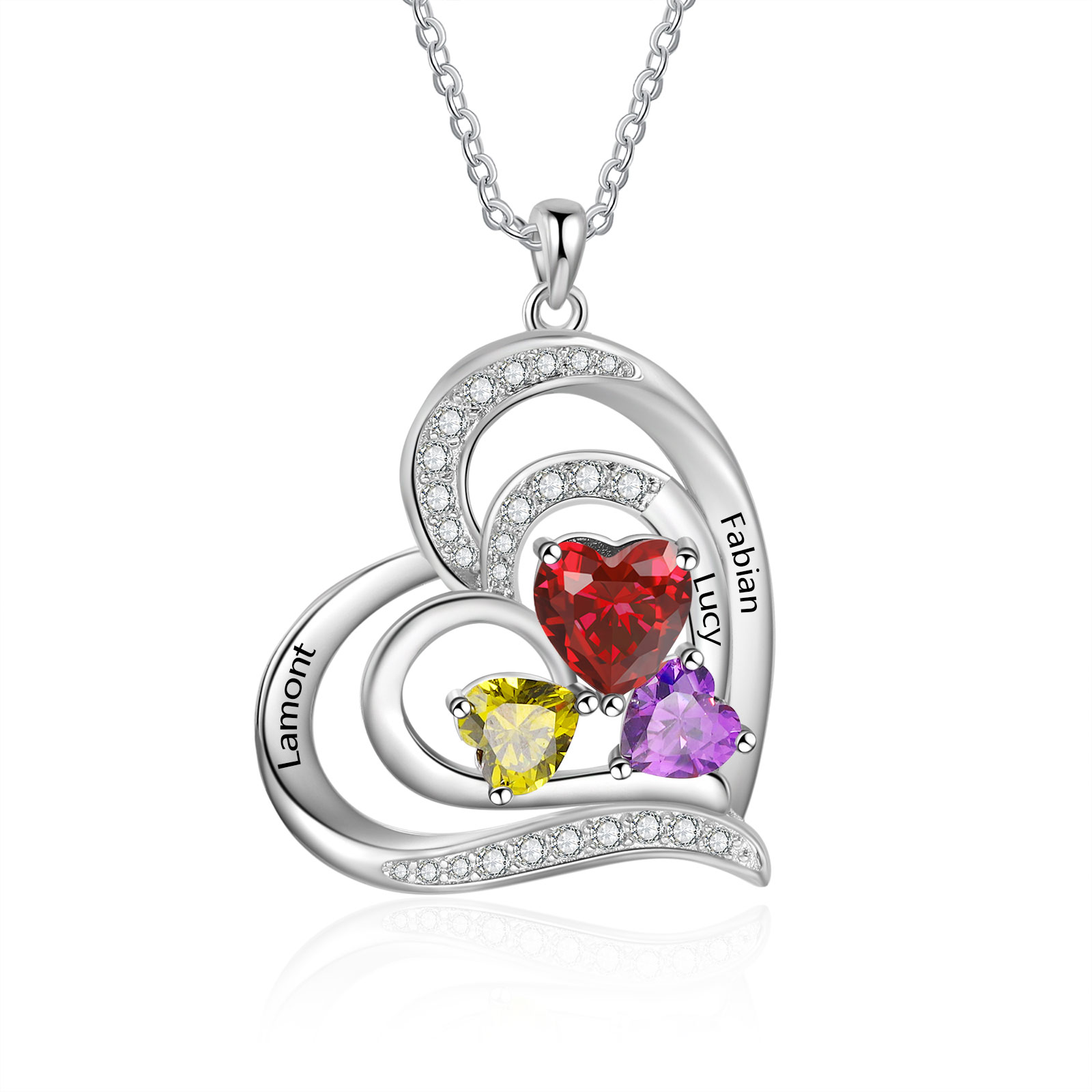 3 Names - Personalized Heart Necklace with Customized Names and Birthstone As Mother's Day Gift for Mom