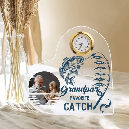6 Names-Personalized Grandpa Name Acrylic Clock Ornament-Custom Acrylic Fishing Heart Keepsake Desktop for Family