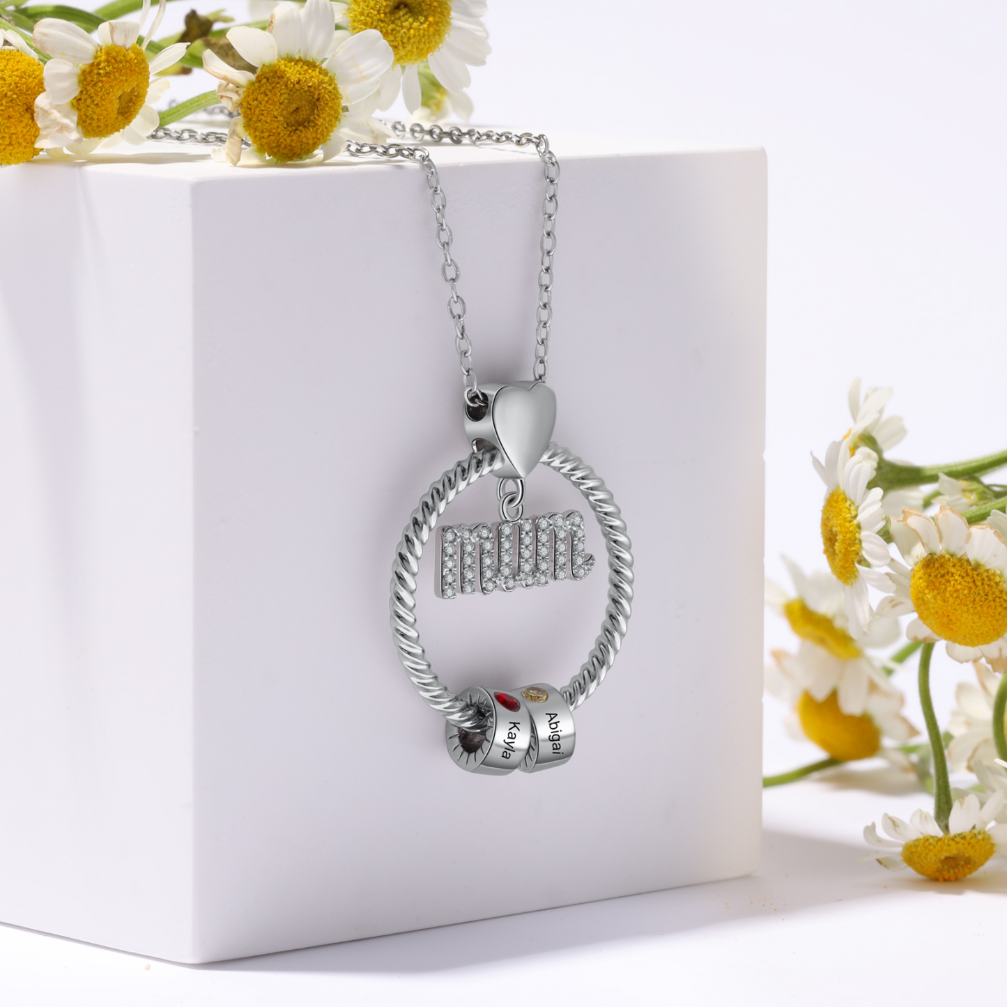 Personalized Circle Necklace With 2 Birthstones Pendant Engraved Names Gift For Mum