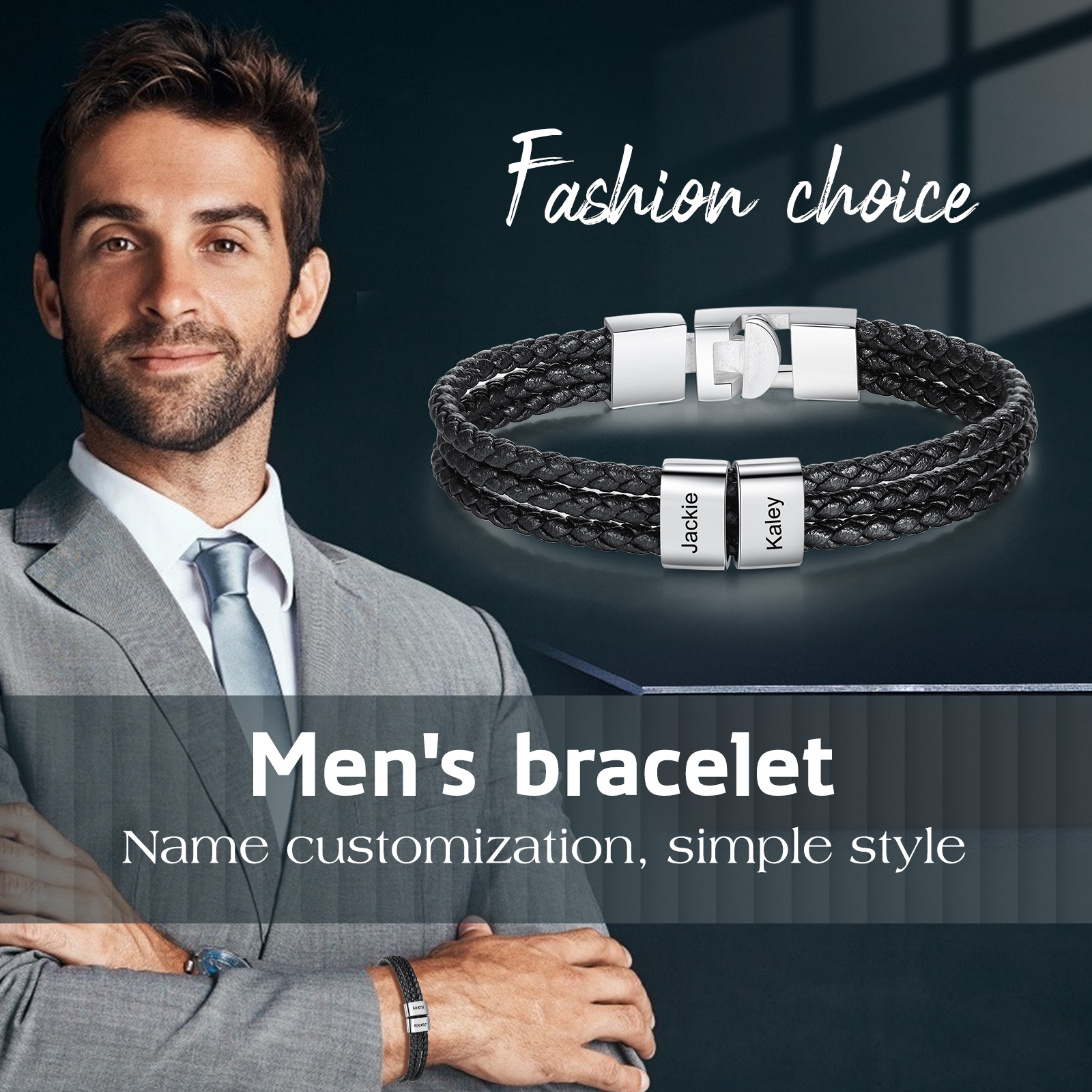 Personalized Braided Leather Bracelet Engraved 2 Names Men's Bracelet Gifts For Him