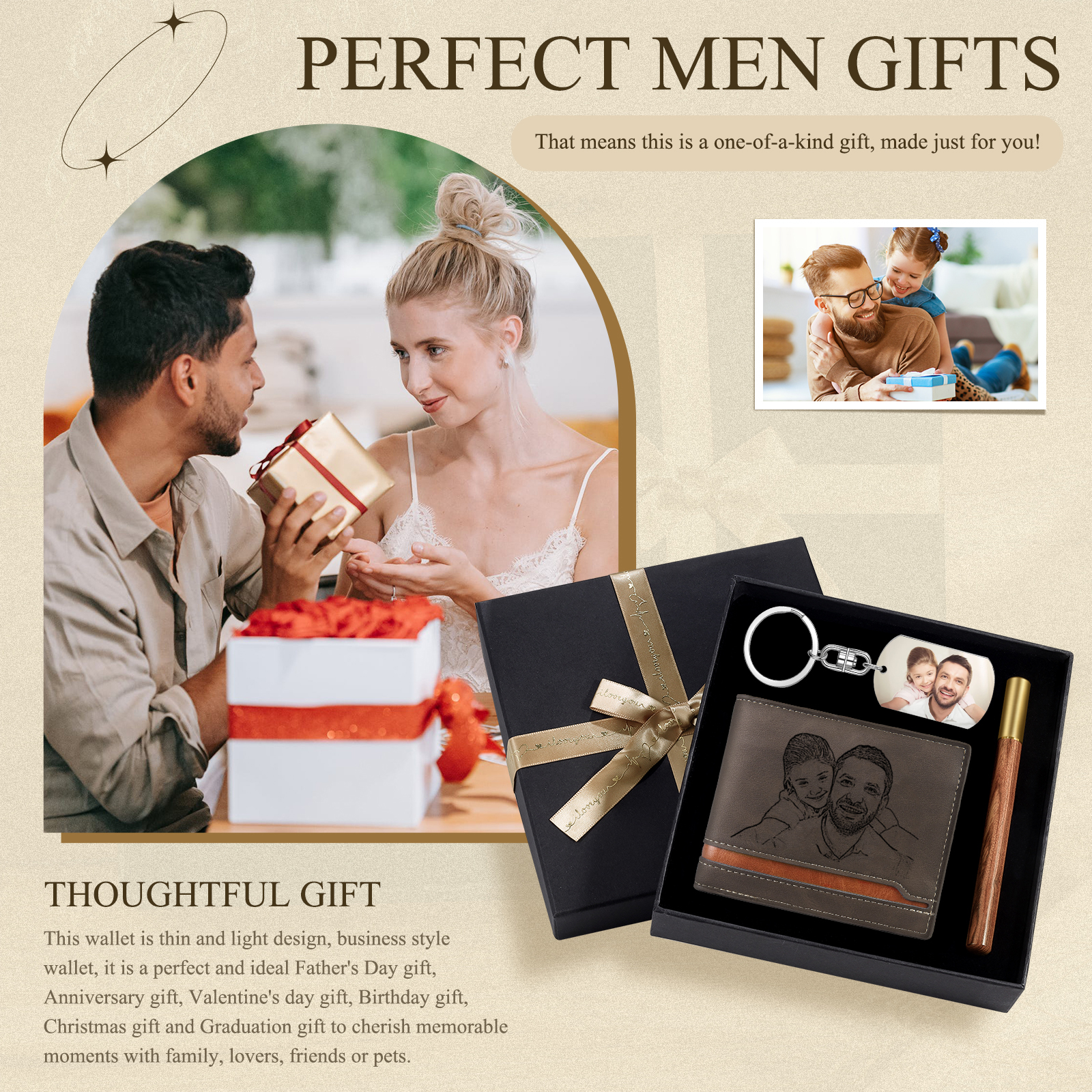 Personalized Leather Wallet Gift Box Set Keychain Strap Customizable 2 Photos 1 Letter and 1 Text Gift for Dad
