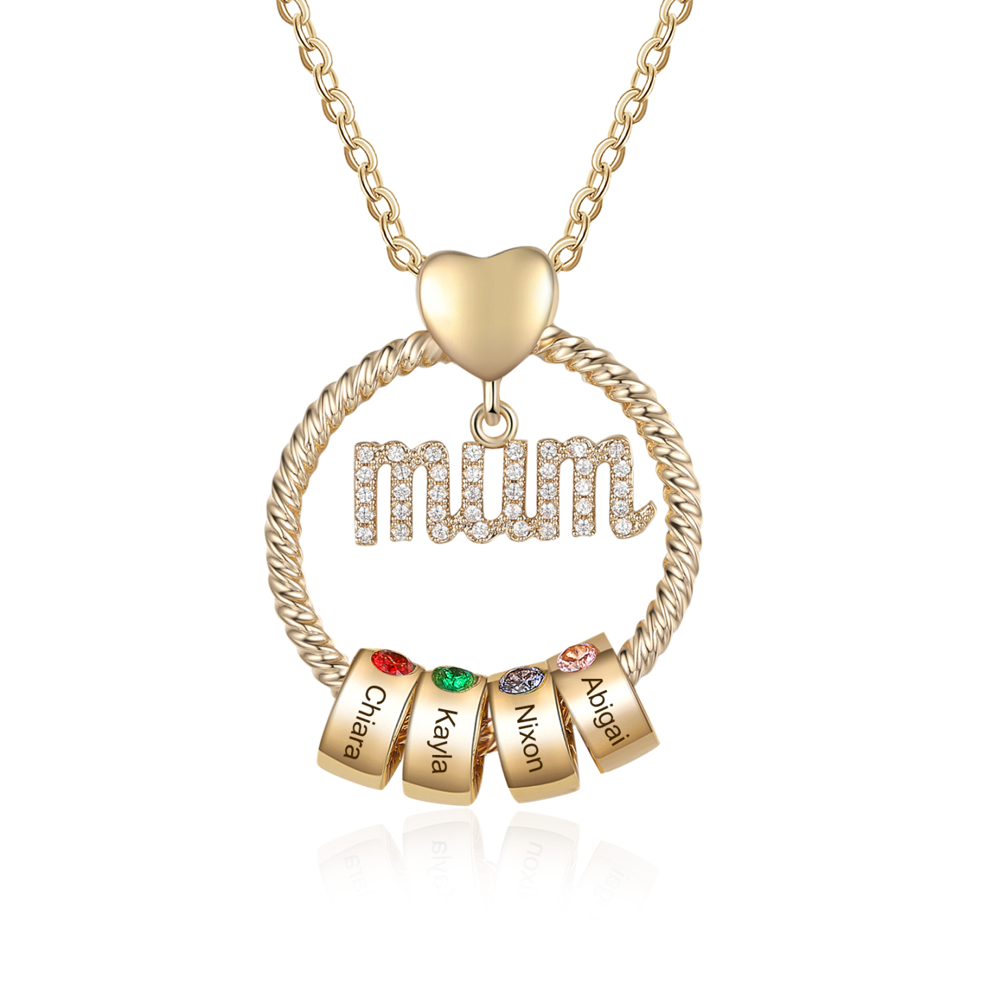 Personalized Circle Necklace With 4 Birthstones Pendant Engraved Names Gift For Mum