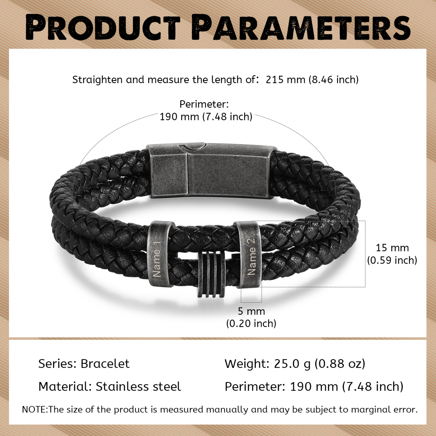 Personalized PU Leather Men's Bracelet, Custom 2 Names Bracelets Vintage Gift for Him-2 Names