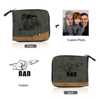 2 Names - Personalized Photo Custom Leather Men's Zipper Wallet as a Father's Day Gift for Dad