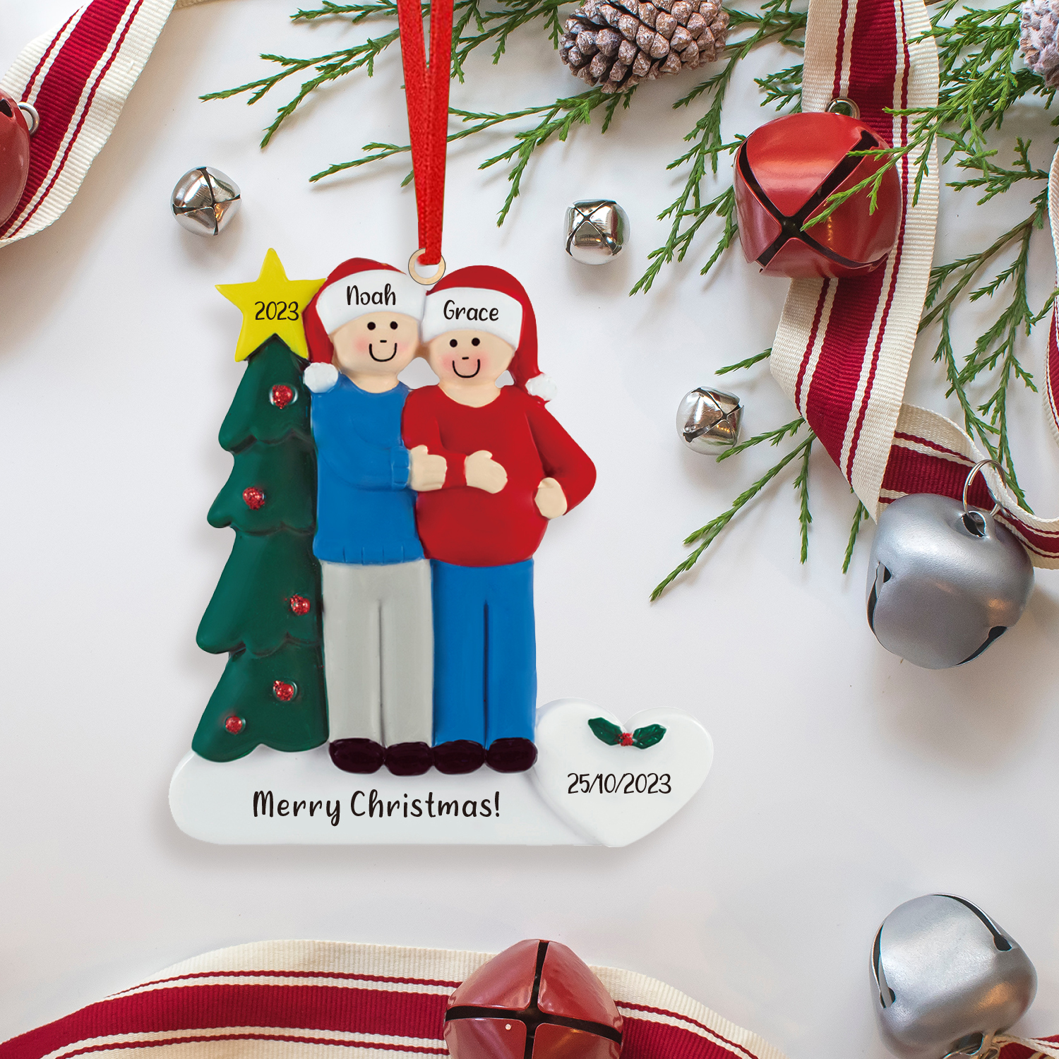 2 Names-Personalized Family Wooden Christmas Xmas Tree Decoration Ornament-Custom 2 Names And Dates Hanging Ornament Gifts For Family