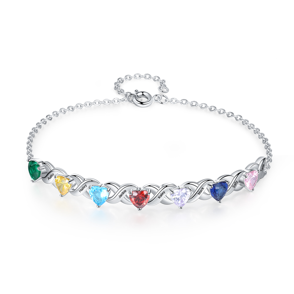 Personalized Bracelet With 7 Heart Birthstones Engraved Names Bracelet Gift For Women