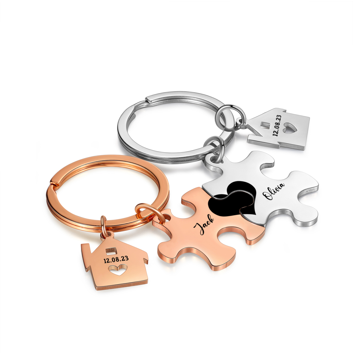Personalized Name Puzzle Couple Keychain Engrave Date Matching Couple Gifts, Special Gift For Him/Her