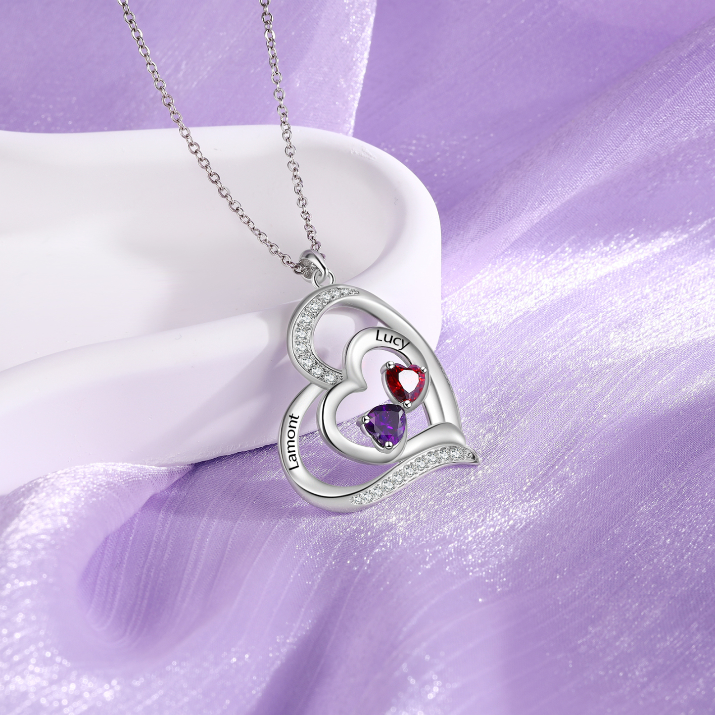 2 Names - Personalized Heart Necklace with Customized Names and Birthstone As Mother's Day Gift for Mom