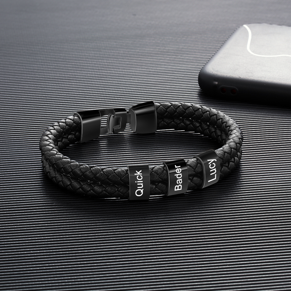 Personalized Braided Leather Bracelet Engraved 3 Names Men's Bracelet for Him