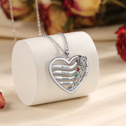 Personalized Rose Heart Birthstone Necklace Custom with 2–5 Names