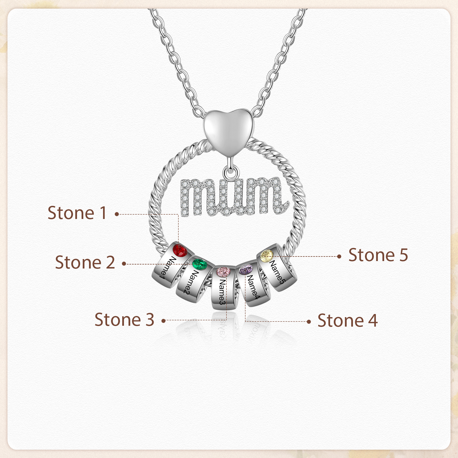 Personalized Circle Necklace With 5 Birthstones Pendant Engraved Names Gift For Mum