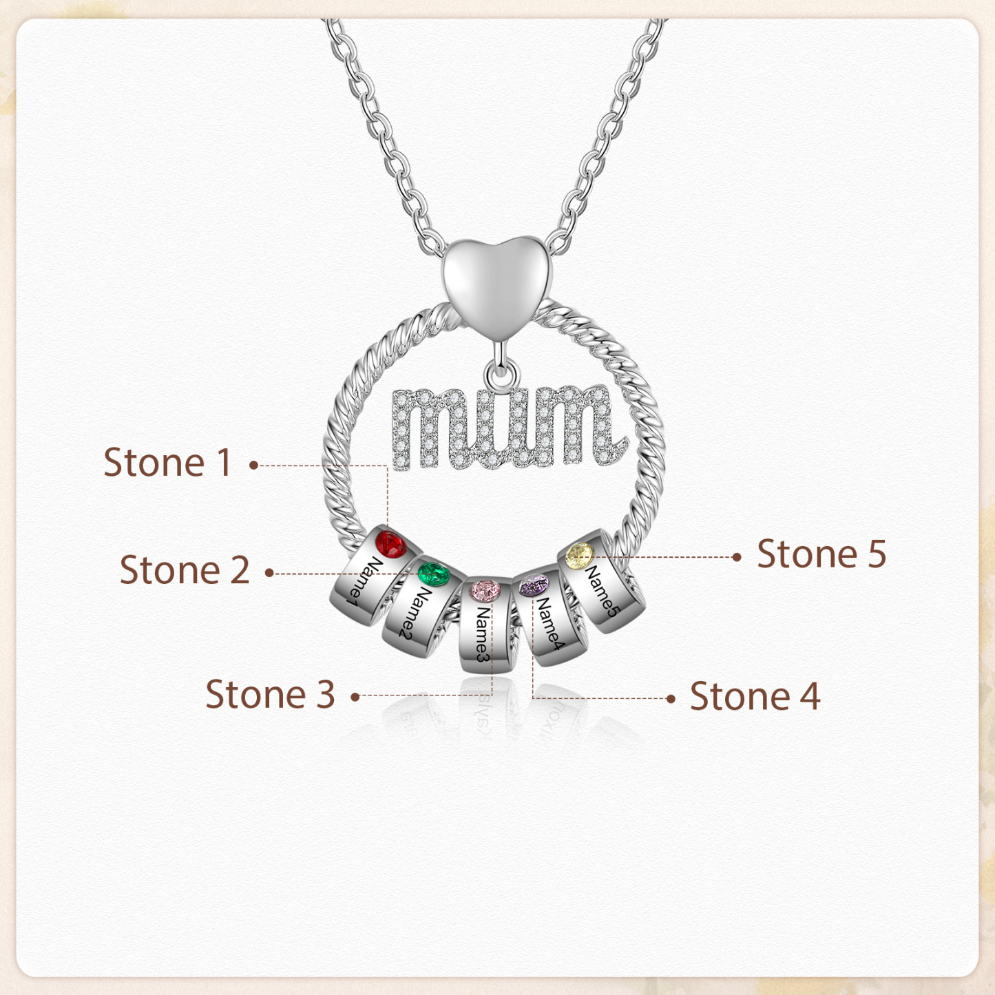 Personalized Circle Necklace With 5 Birthstones Pendant Engraved Names Gift For Mum