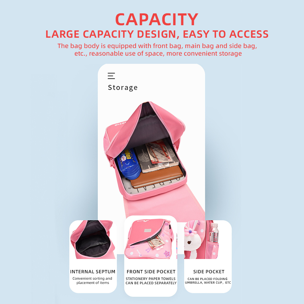 Personalized Pink Bunny Children School Bag Embroidery Name Black Backpack, Customized Schoolbag Travel Bag For Kids