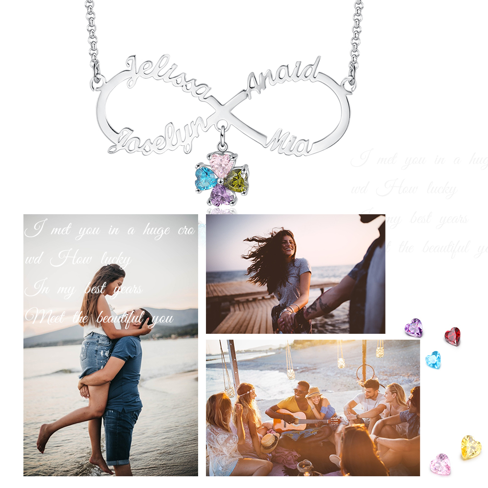 Personalized Infinity Necklace With 4 Birthstones Engraved Names Necklace Gift For Women