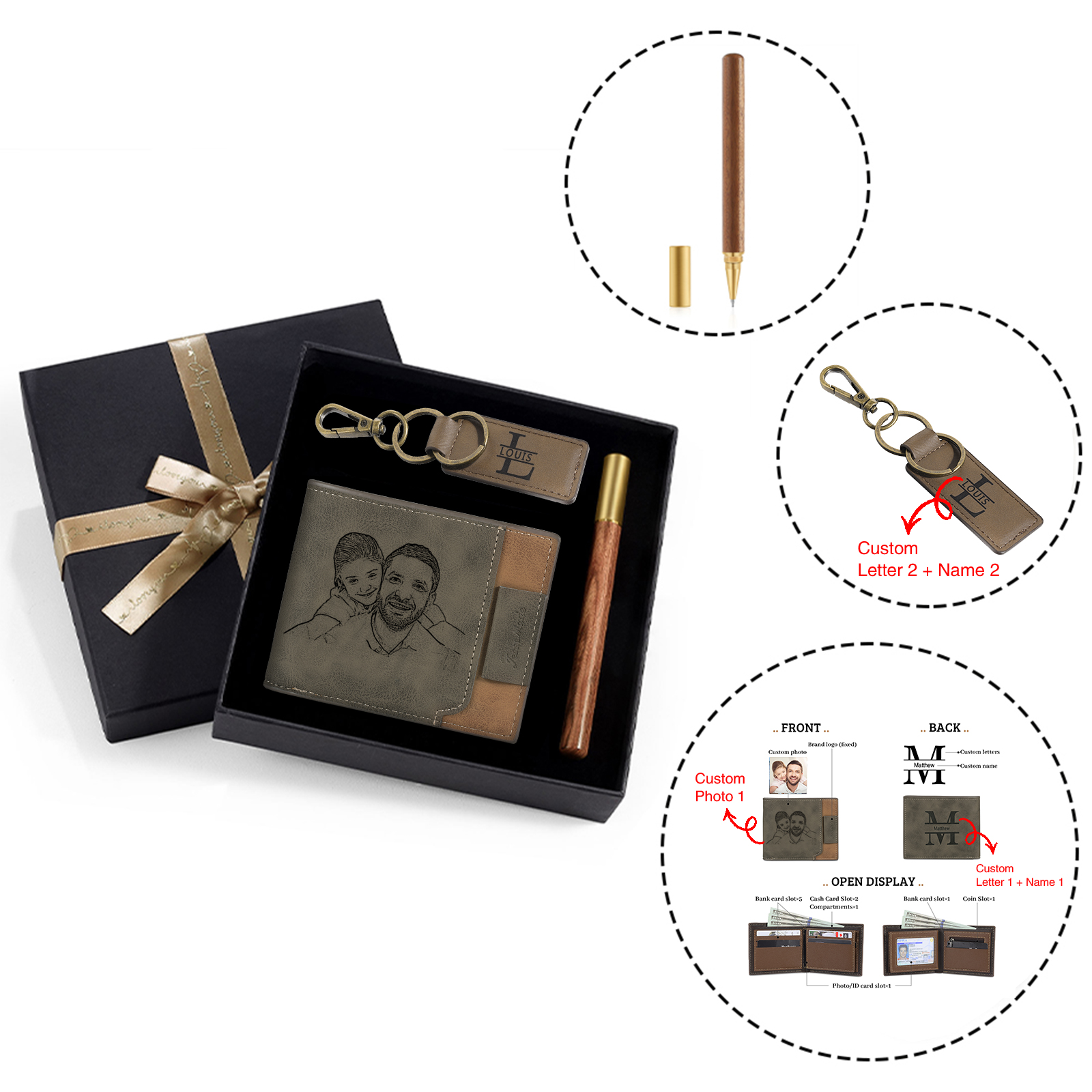 Photo Personalized Leather Wallet Gift Box Set with Keychain Customizable 2 Letter 2 Name Wallet Gift for Him