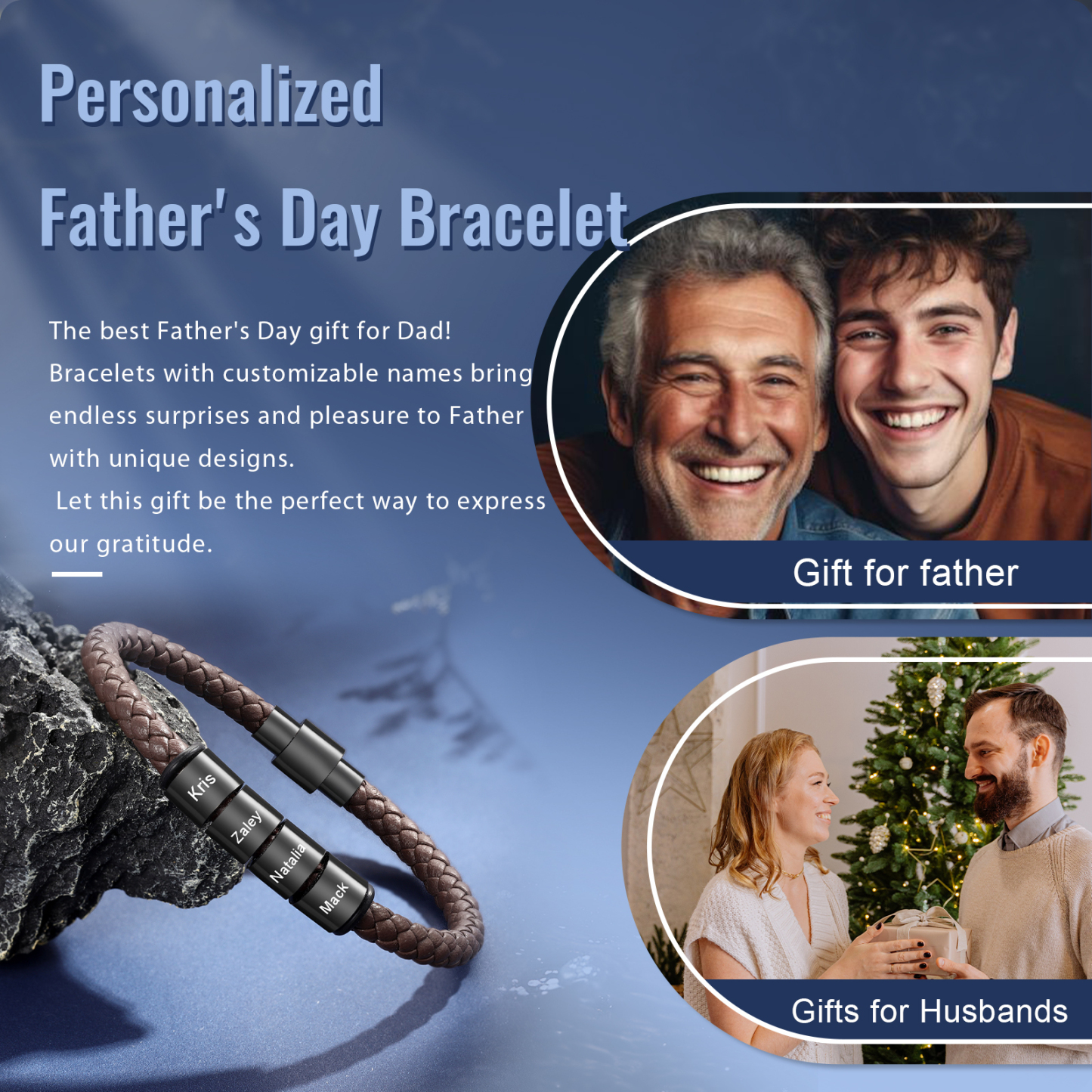 Personalized Men's Bead Bracelet with Custom 4 Names Personalized Gift for Him | Jessmade 