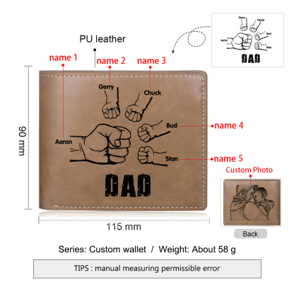 5 Names - Personalized Fist Style Leather Men's Wallet Custom Photo Wallet for Dad