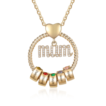 Personalized Circle Necklace With 5 Birthstones Pendant Engraved Names Gift For Mum