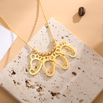 Personalized Baby Foot Engraved 5 Names Birthstones Necklace Gift For Mother