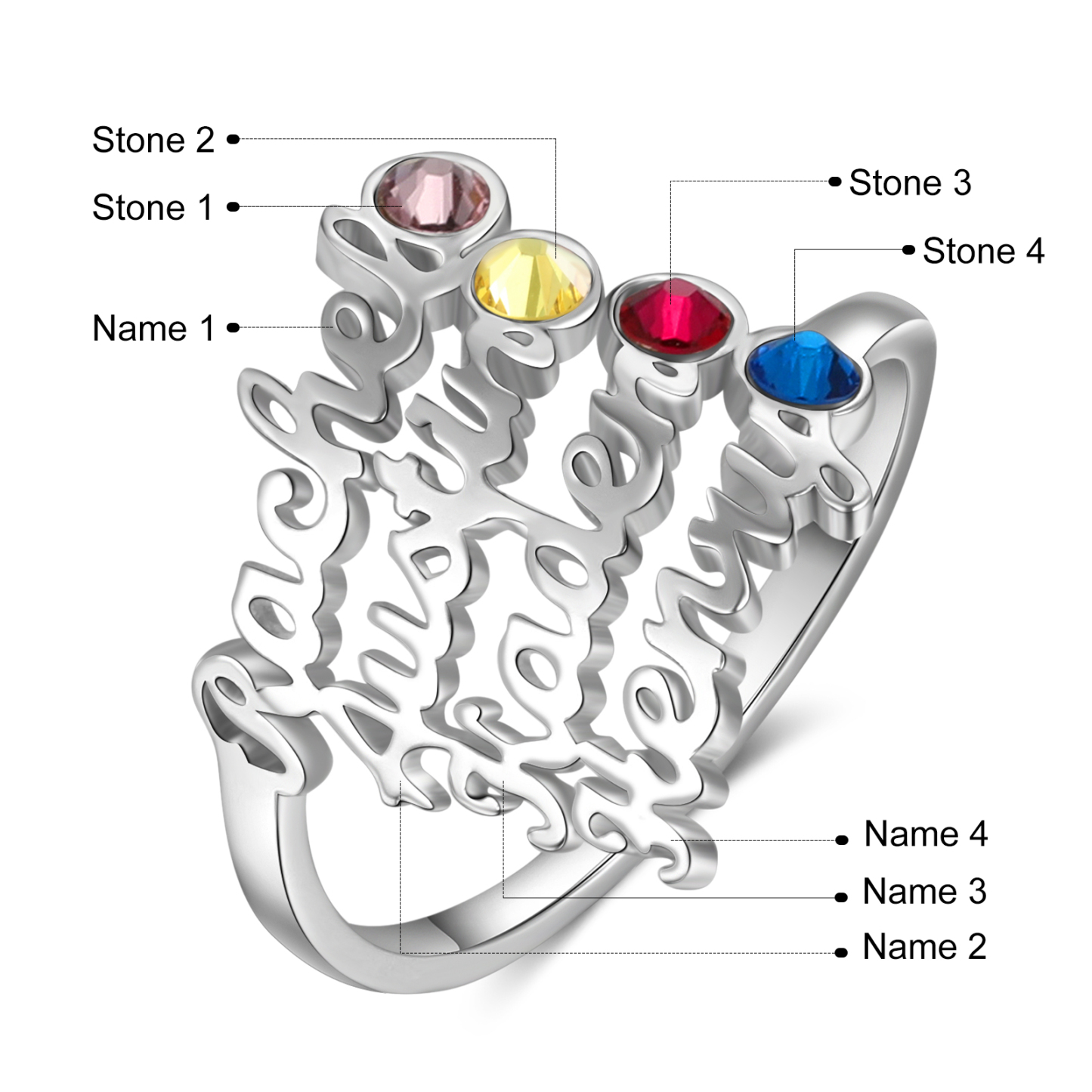 Personalized Birthstone Ring Custom 4 Names Ring Best Gift For Women