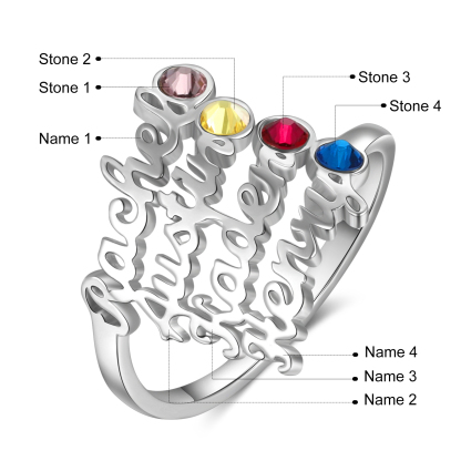 Personalized Birthstone Ring Custom 4 Names Ring Best Gift For Women