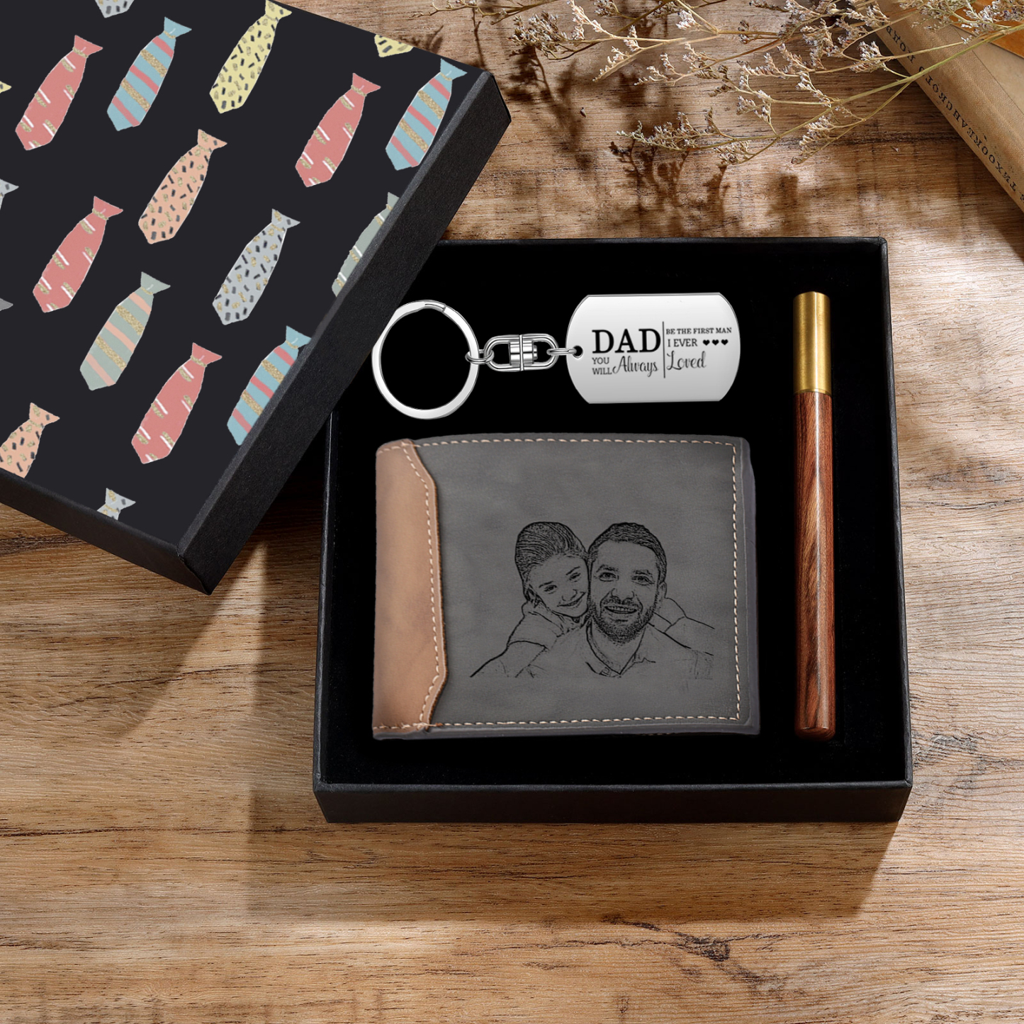 Personalized Leather Wallet Gift Box Set with Keychain Customizable Photo Text and Date Wallet Gift for Dad