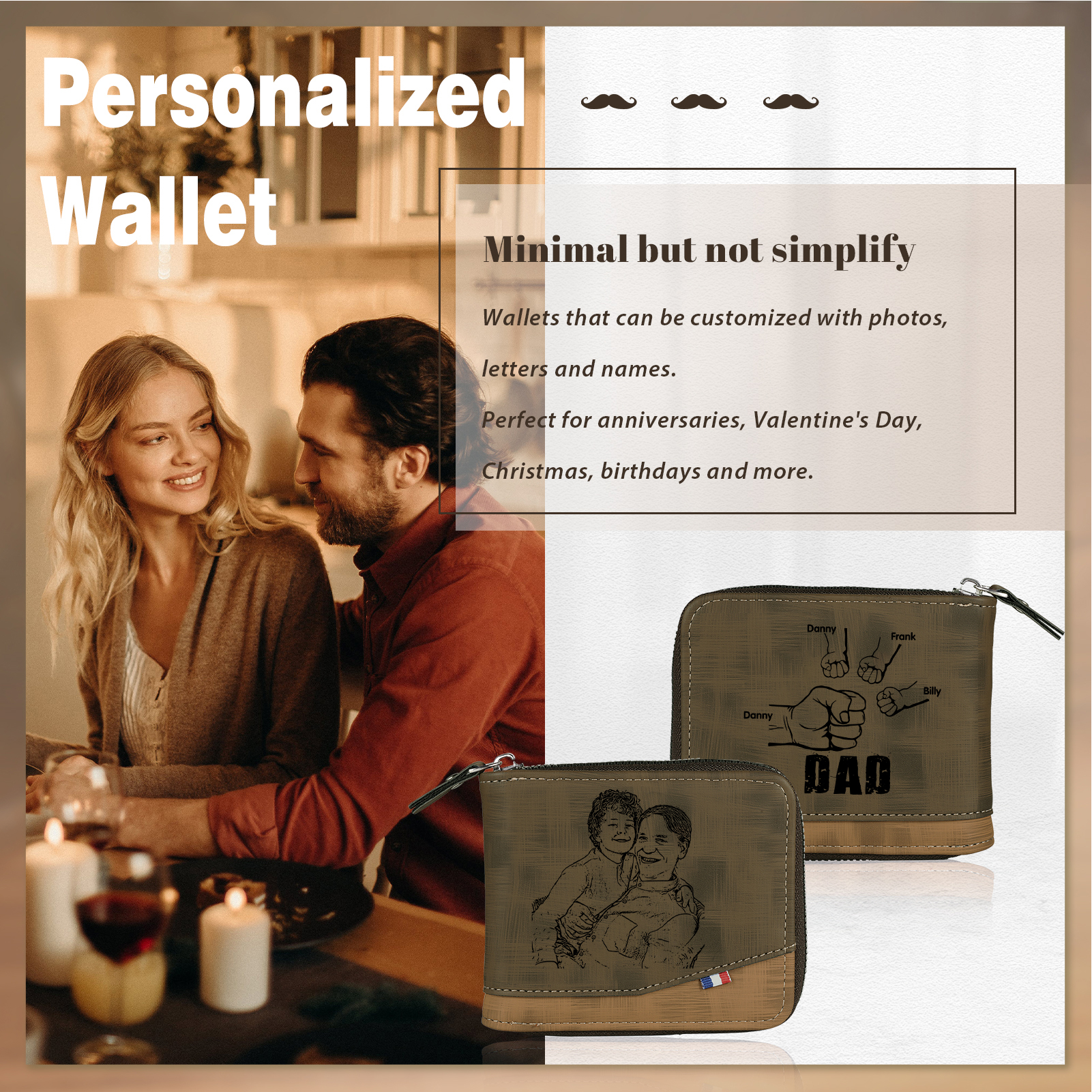 4 Names - Personalized Photo Custom Leather Men's Zipper Wallet as a Father's Day Gift for Dad