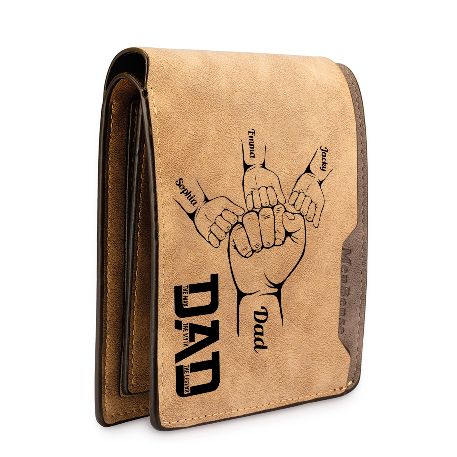 4 Names - Personalized Fist Bump Pattern Custom Name Leather Men's Wallet as a Father's Day Gift for Dad